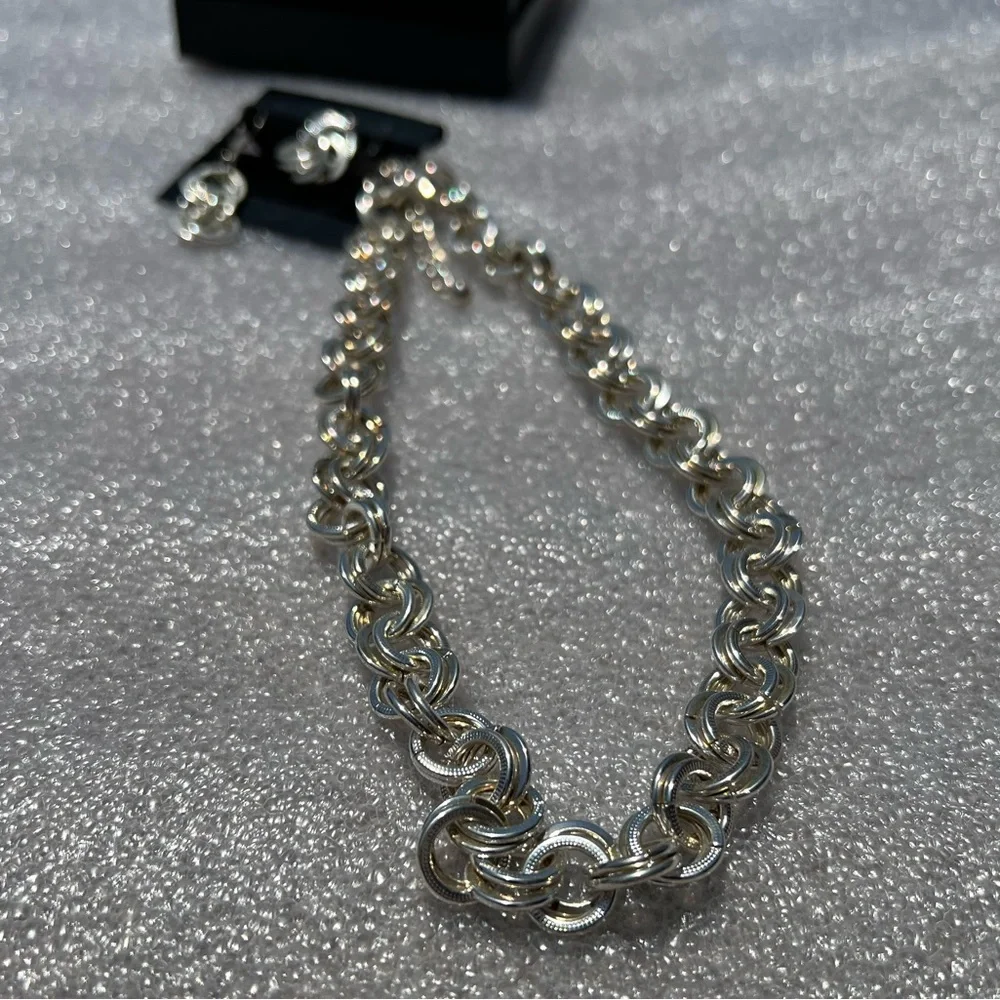 Vintage Necklace Earrings Set Never Used Silver with Holden highlights Chains